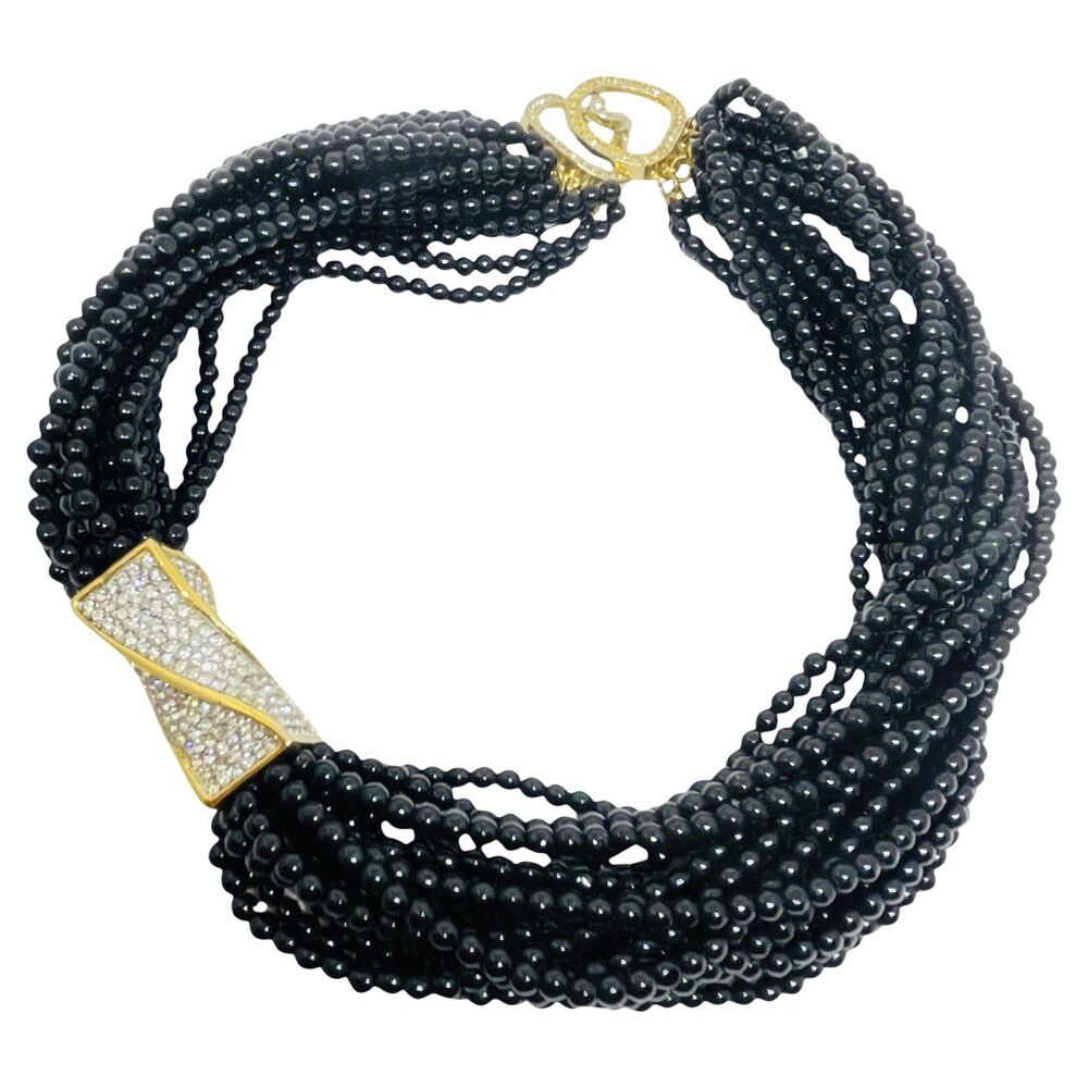 Vintage gold tone rhinestones black glass multi strand beaded choker necklace